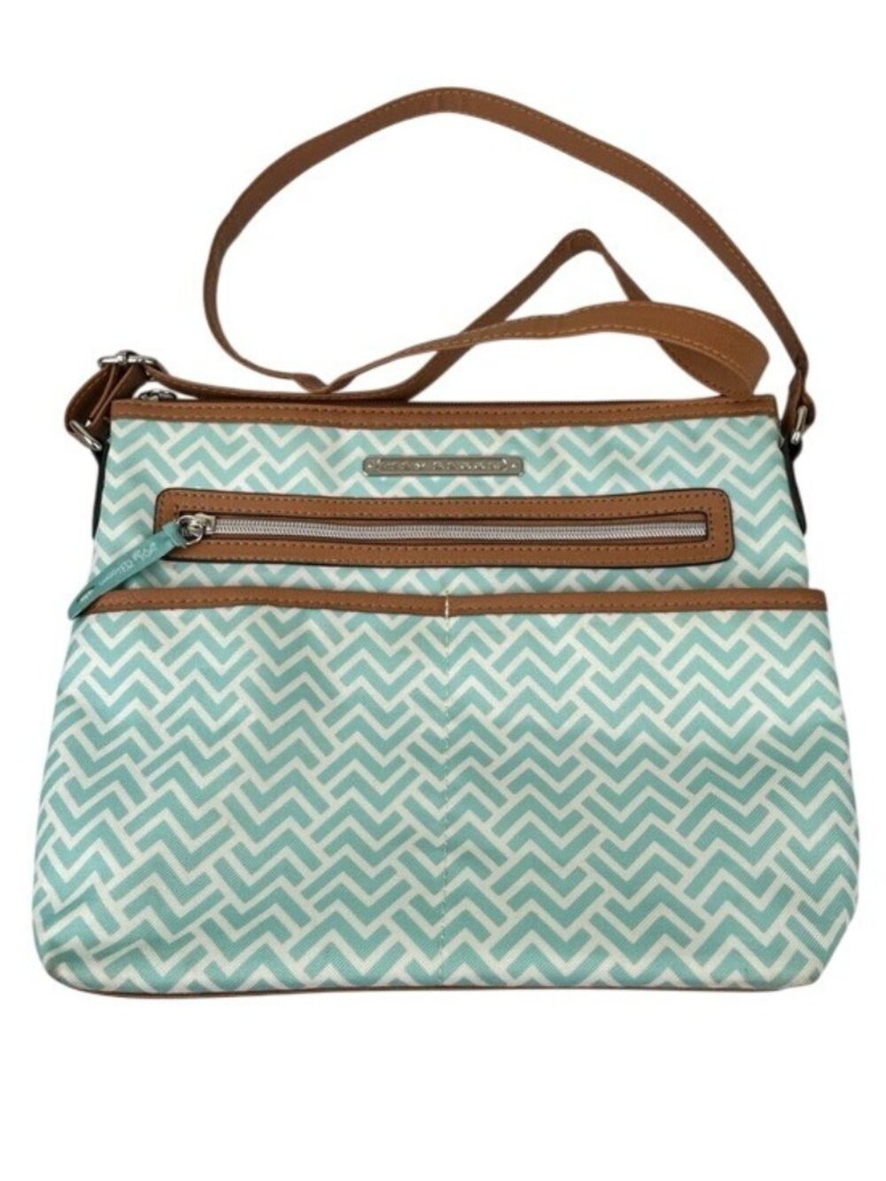 Lily Bloom Light Teal Chevron Crossbody Purse Bag Tan Trim READ